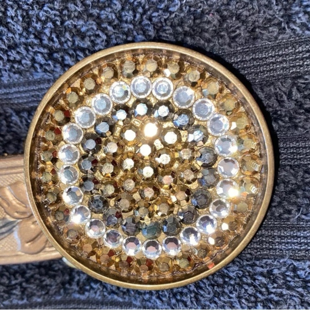 Carole & Lois SIZE 32” Leather Belt W/Vintage BTS SOLID BRASS Rhinestone Buckle